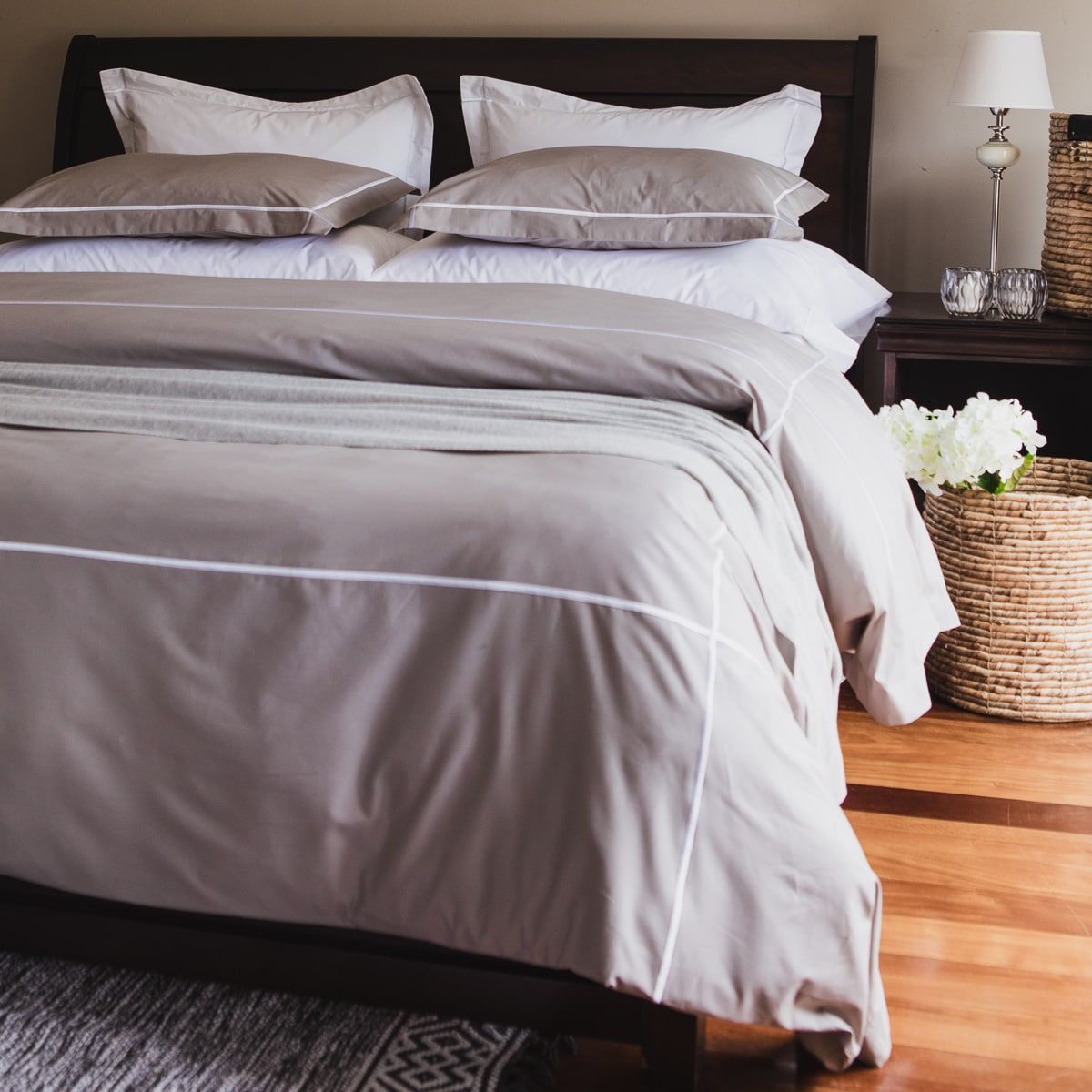 Funda de almohada de algodón Festón blanco/gris para cama de 90 cm